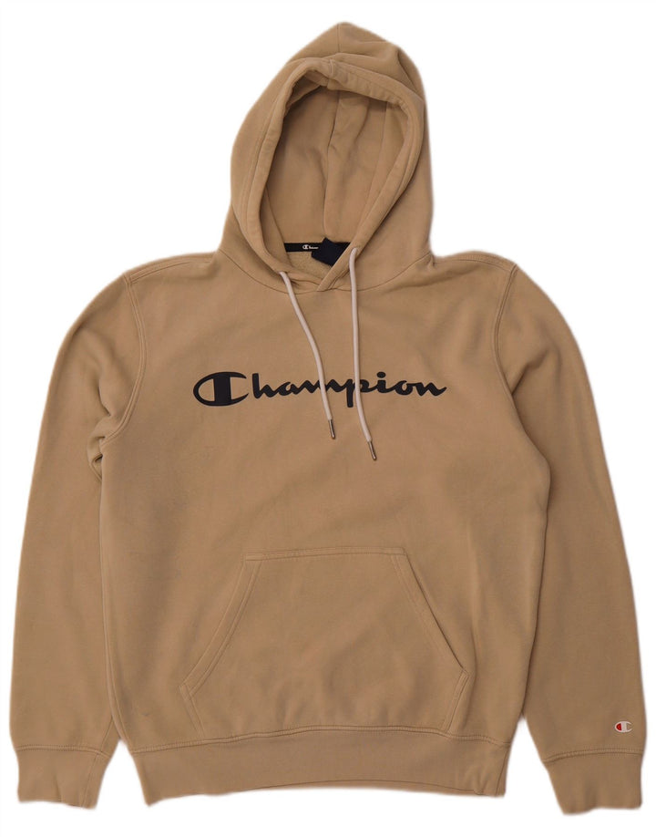 CHAMPION Mens Graphic Hoodie Jumper Medium Beige Cotton