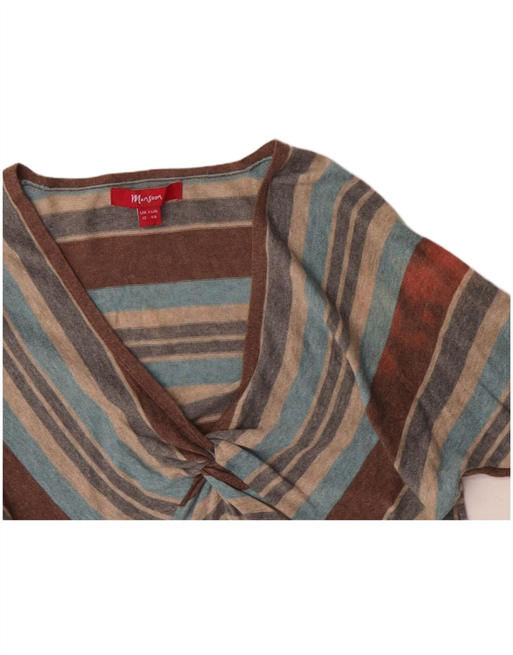 Damski sweter MONSOON z dekoltem w kształcie litery V, UK 12, średnie, wielokolorowe paski