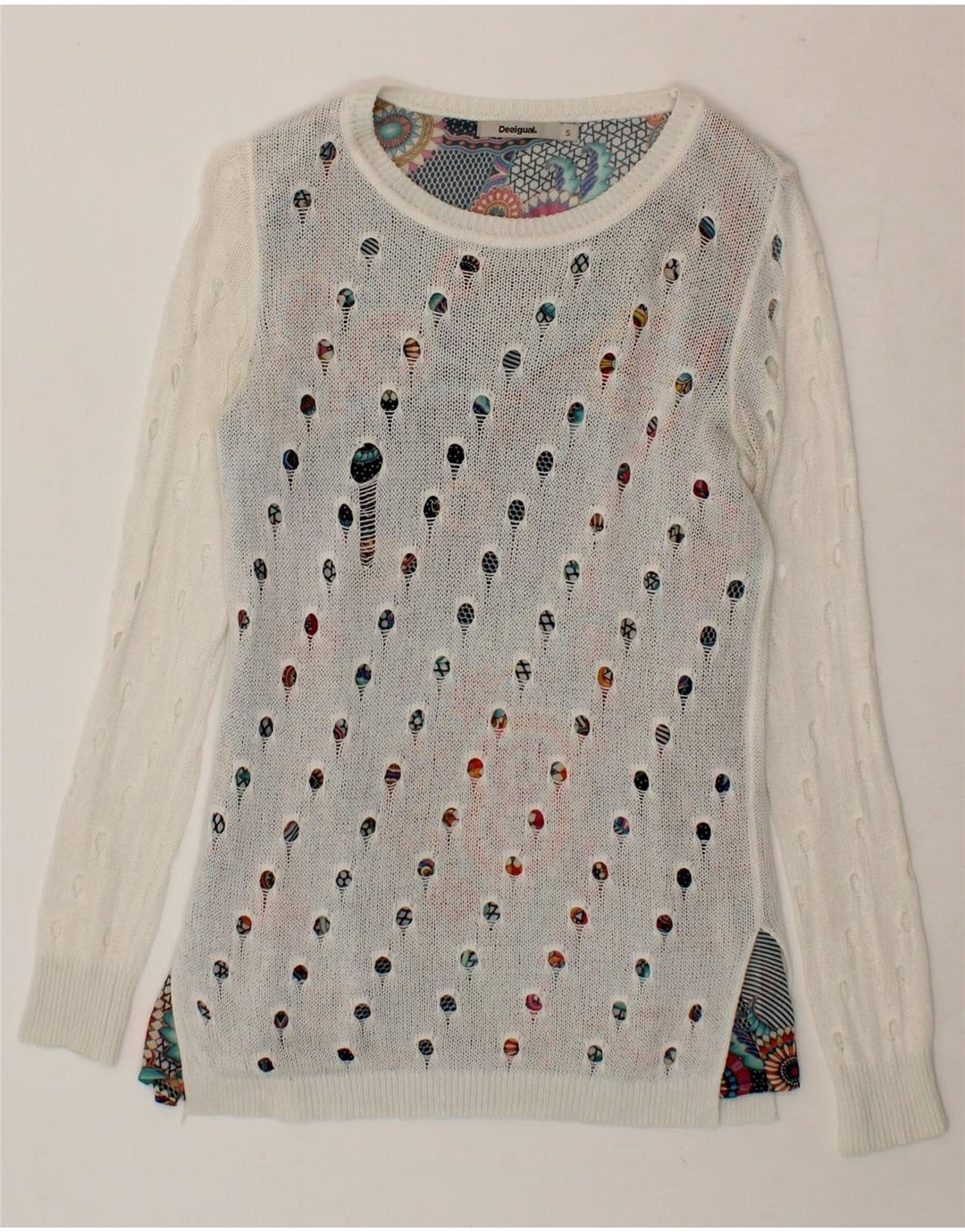 DESIGUAL Womens Boat Neck Jumper Sweater UK 10 Small White Polyester Vintage Desigual and Second-Hand Desigual from Messina Hembry 