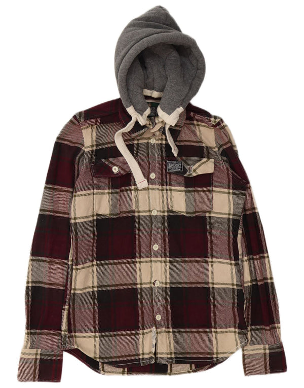 Męska koszula flanelowa z kapturem Superdry, bawełniana w średnią bordową kratkę