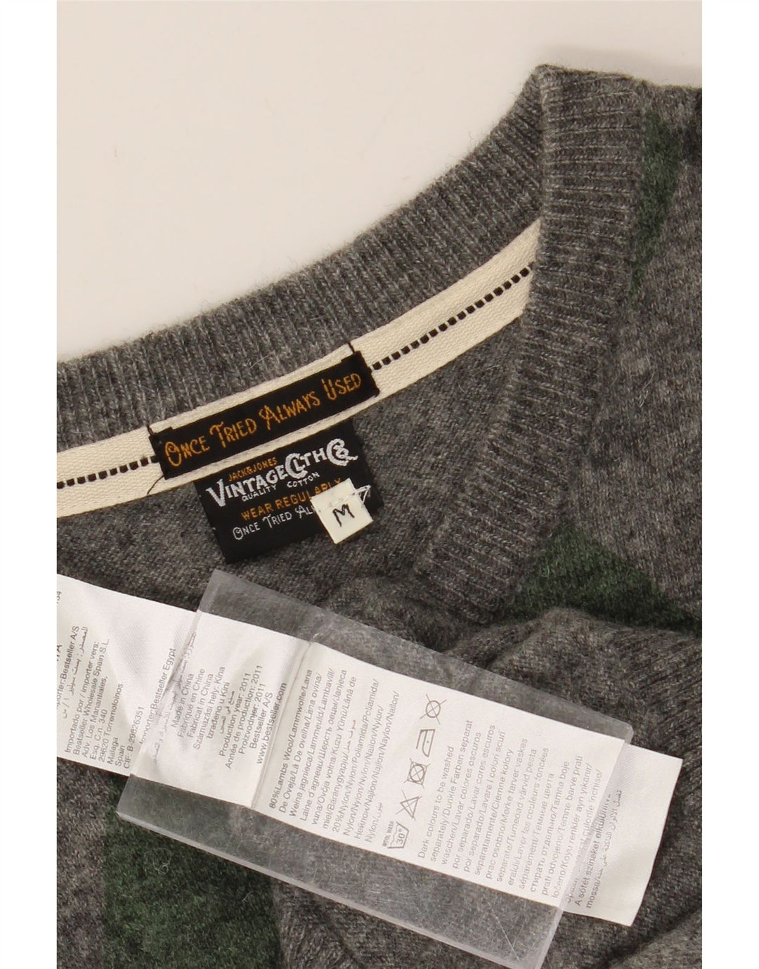 JACK & JONES Mens V-Neck Jumper Sweater Medium Grey Argyle/Diamond Wool Vintage Jack & Jones and Second-Hand Jack & Jones from Messina Hembry 
