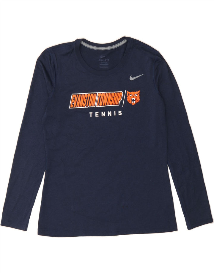 NIKE Womens Graphic Top Long Sleeve UK 14 Medium Navy Blue Polyester Vintage Nike and Second-Hand Nike from Messina Hembry 