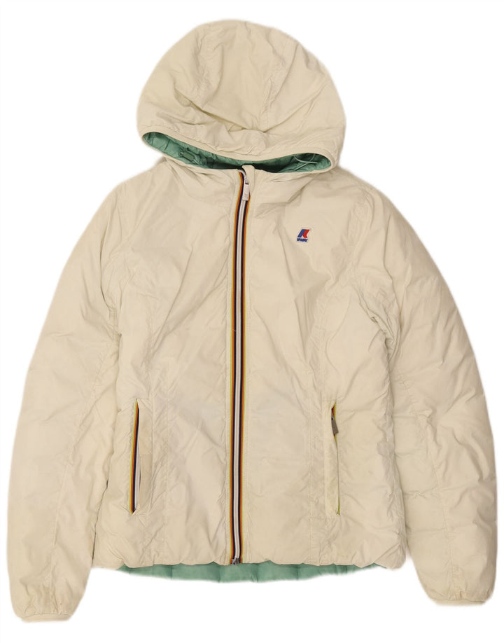 Dwustronna ocieplana kurtka z kapturem K-Way dla dziewczynki 11-12 lat w kolorze złamanej bieli, poliamid