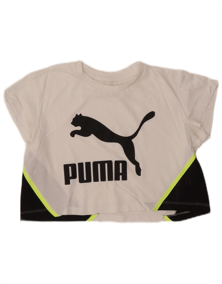 Damska koszulka PUMA Crop Oversize z grafiką Top UK 2 2XS Biała z blokami kolorów