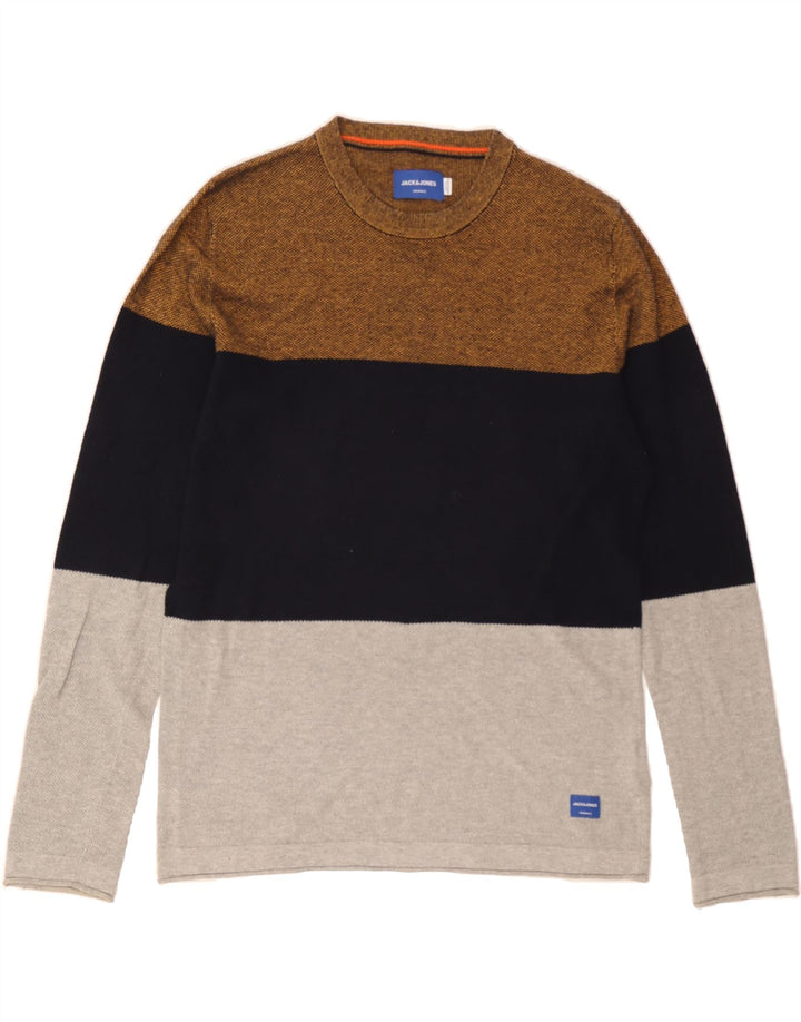 JACK & JONES Mens Crew Neck Jumper Sweater Medium Brown Colourblock Cotton Vintage Jack & Jones and Second-Hand Jack & Jones from Messina Hembry 