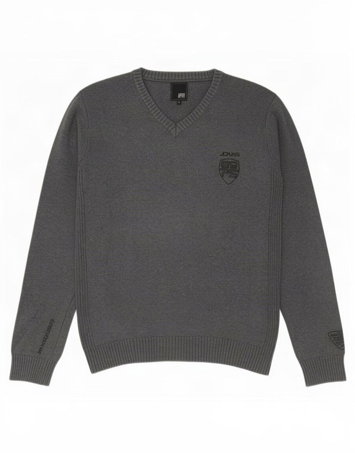 Męski sweter Jack & Jones z dekoltem w kształcie litery V, średnioszary, bawełniany