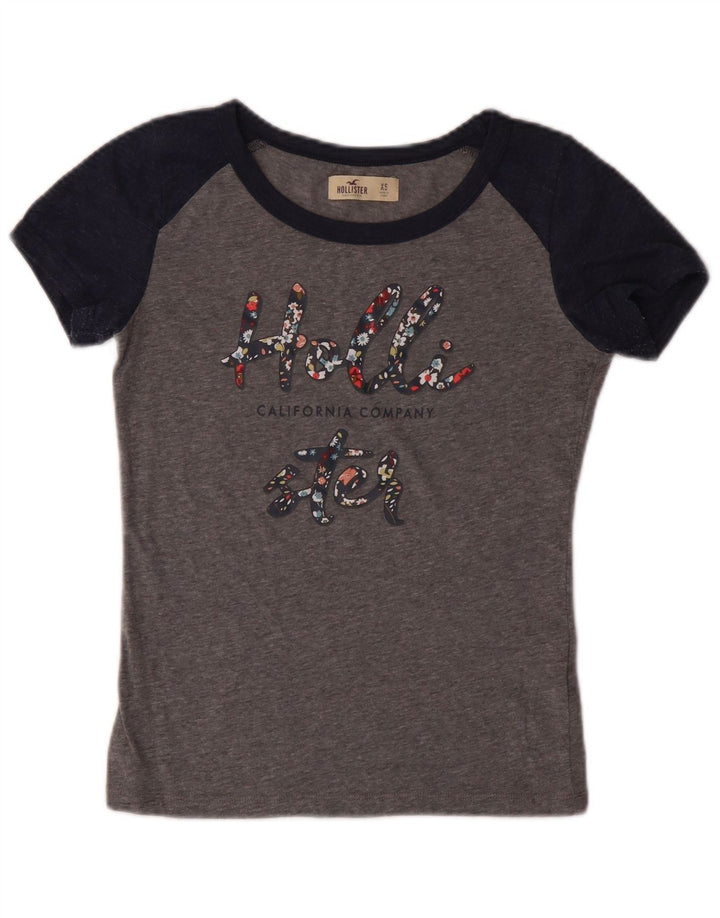 Damska koszulka z grafiką HOLLISTER Top UK 6 XS, szara, bawełniana w bloki kolorów