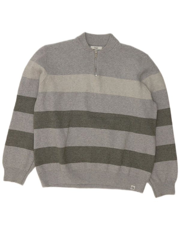 Marks & Spencer Męski sweter z zamkiem błyskawicznym 2XL, szary, bawełniany w paski