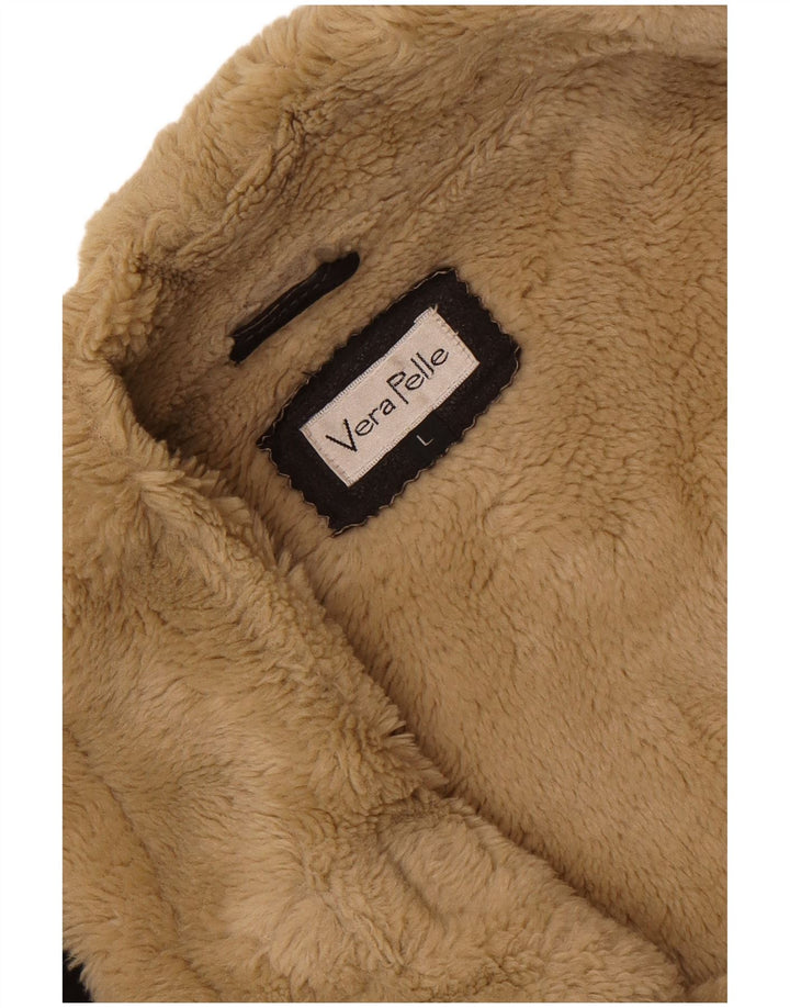 Vintage męska kurtka shearling UK 40 duża brązowa skóra