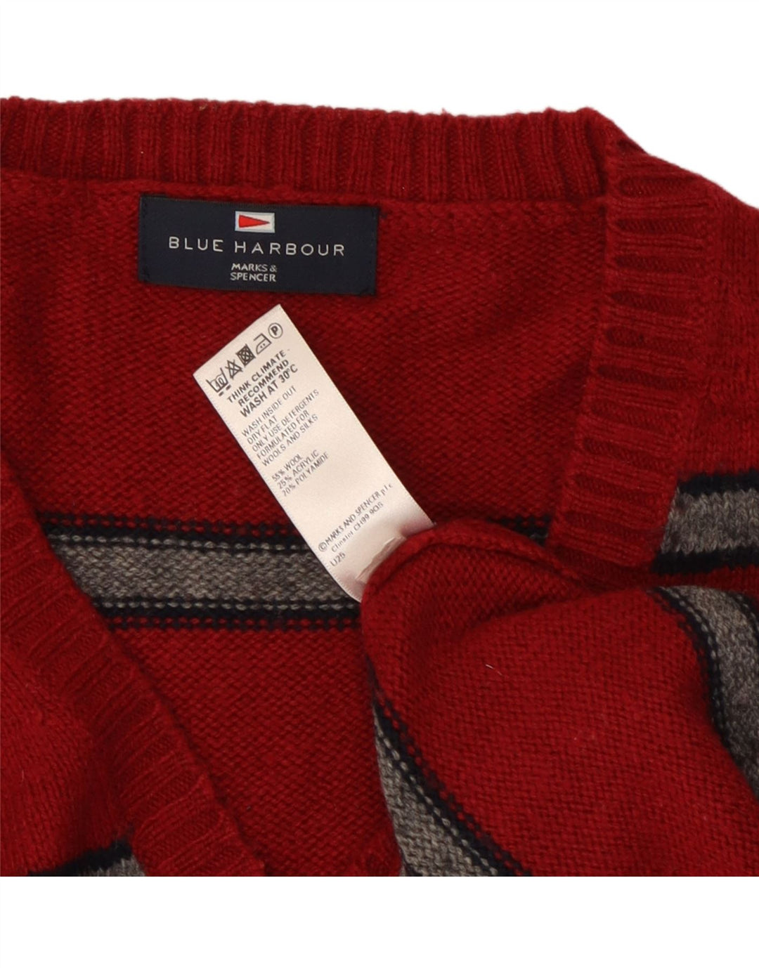 Męski sweter Marks & Spencer Blue Harbor z dekoltem w kształcie litery V, duże czerwone paski