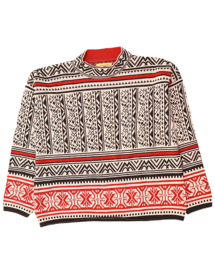 Vintage męski sweter z golfem, duży, biały, wełniany Fair Isle