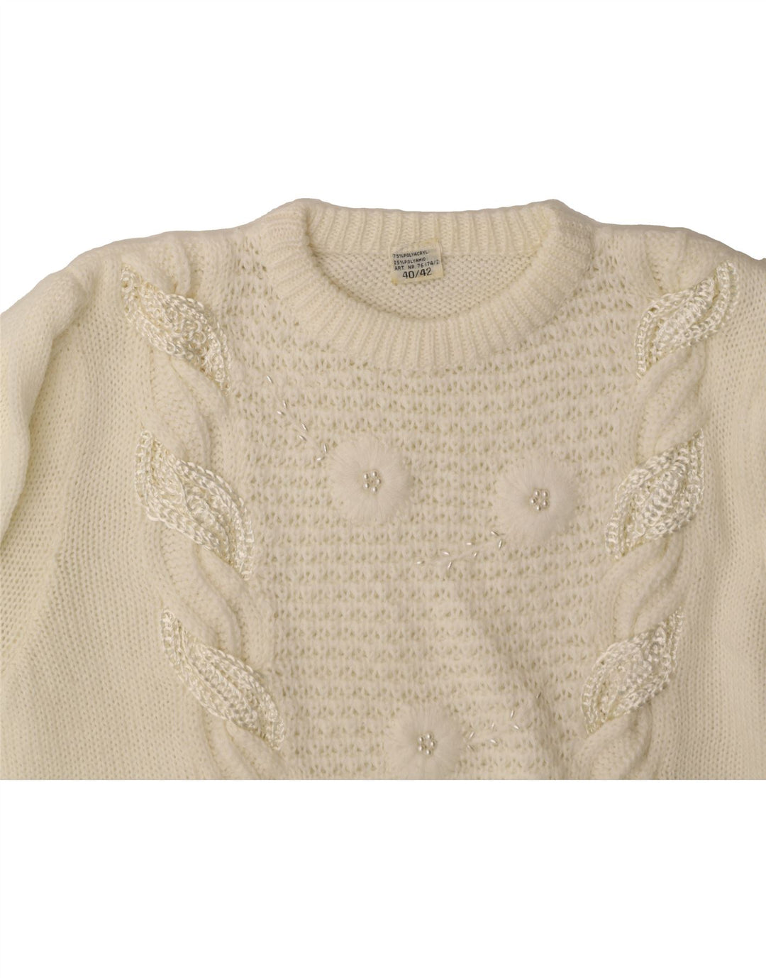 VINTAGE Womens Crew Neck Jumper Sweater EU 40/42 Medium White Polyester Vintage Vintage and Second-Hand Vintage from Messina Hembry 