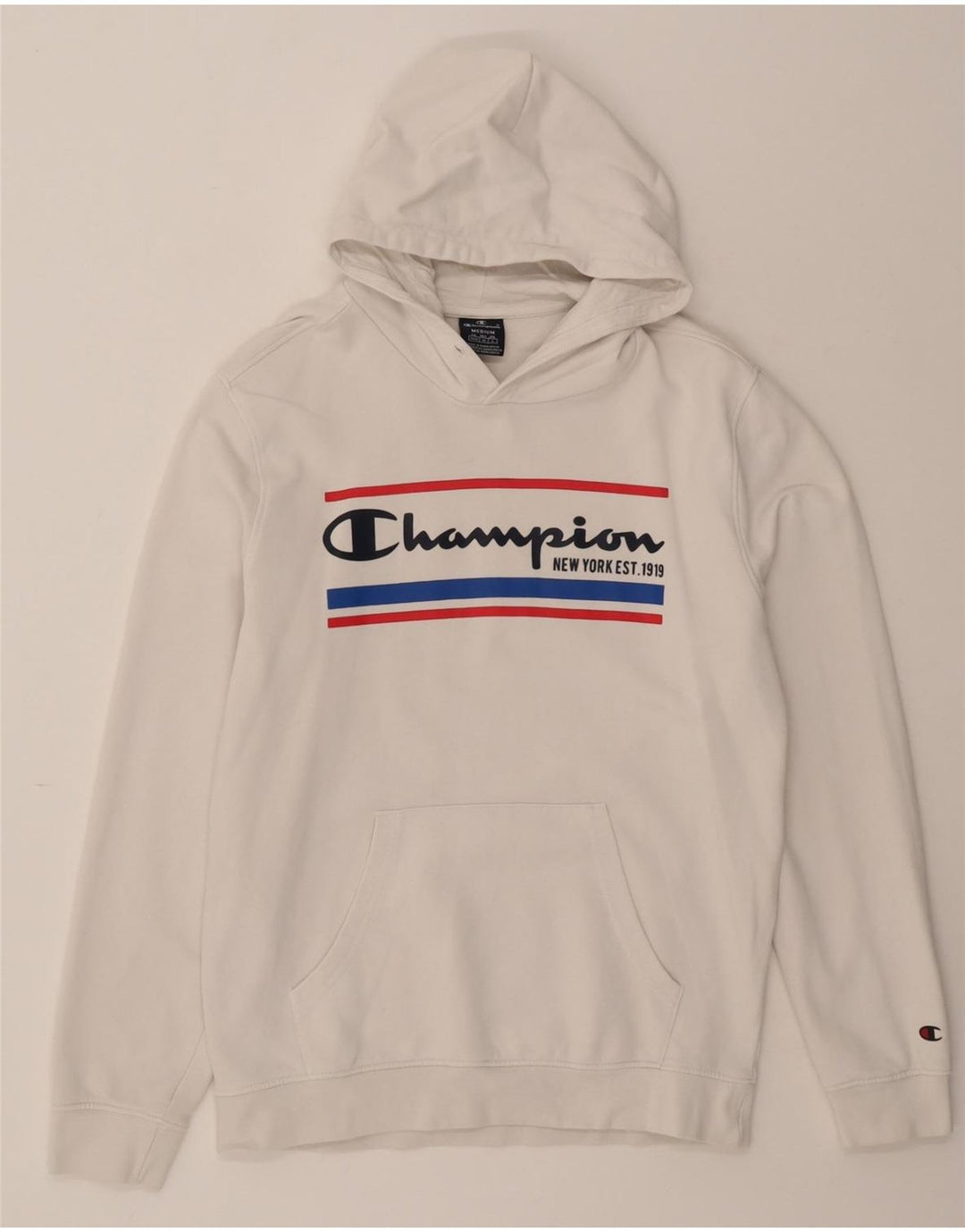CHAMPION Mens Graphic Hoodie Jumper Medium White Cotton Vintage Champion and Second-Hand Champion from Messina Hembry 