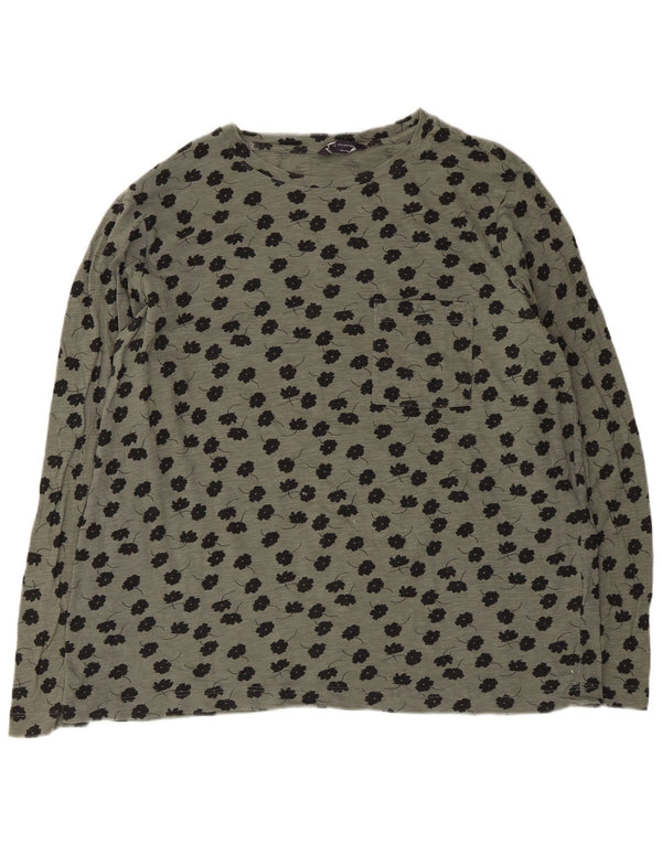 Marks & Spencer Damski top z długim rękawem, UK 16, duży, khaki, bawełniany w kwiaty