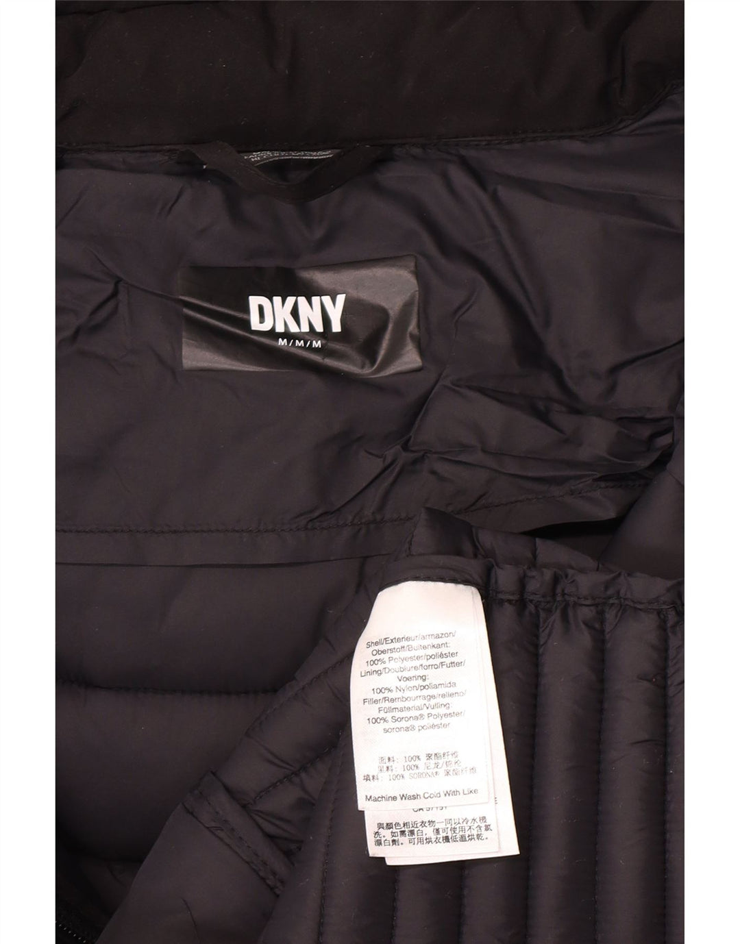 Damski płaszcz z kapturem i ociepleniem Dkny UK 12, średni czarny poliester