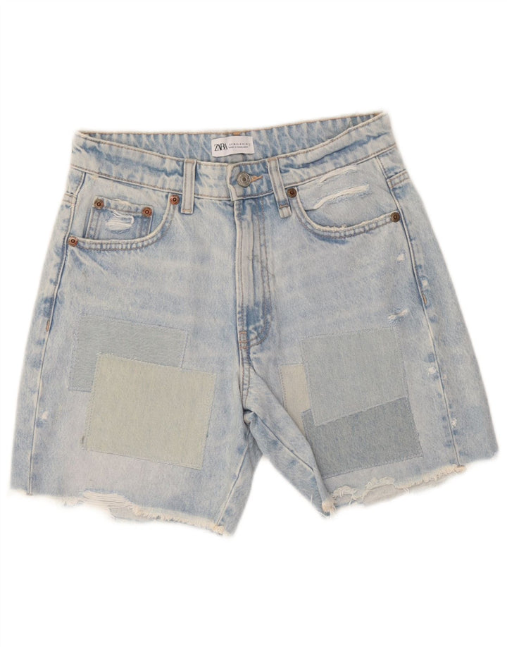 Damskie spodenki jeansowe Zara w trudnej sytuacji EU 36 XS W26, niebieska patchworkowa bawełna
