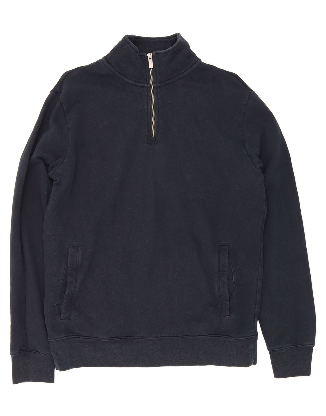 MARKS & SPENCER Mens Zip Neck Sweatshirt Jumper Medium Navy Blue Cotton Vintage Marks & Spencer and Second-Hand Marks & Spencer from Messina Hembry 