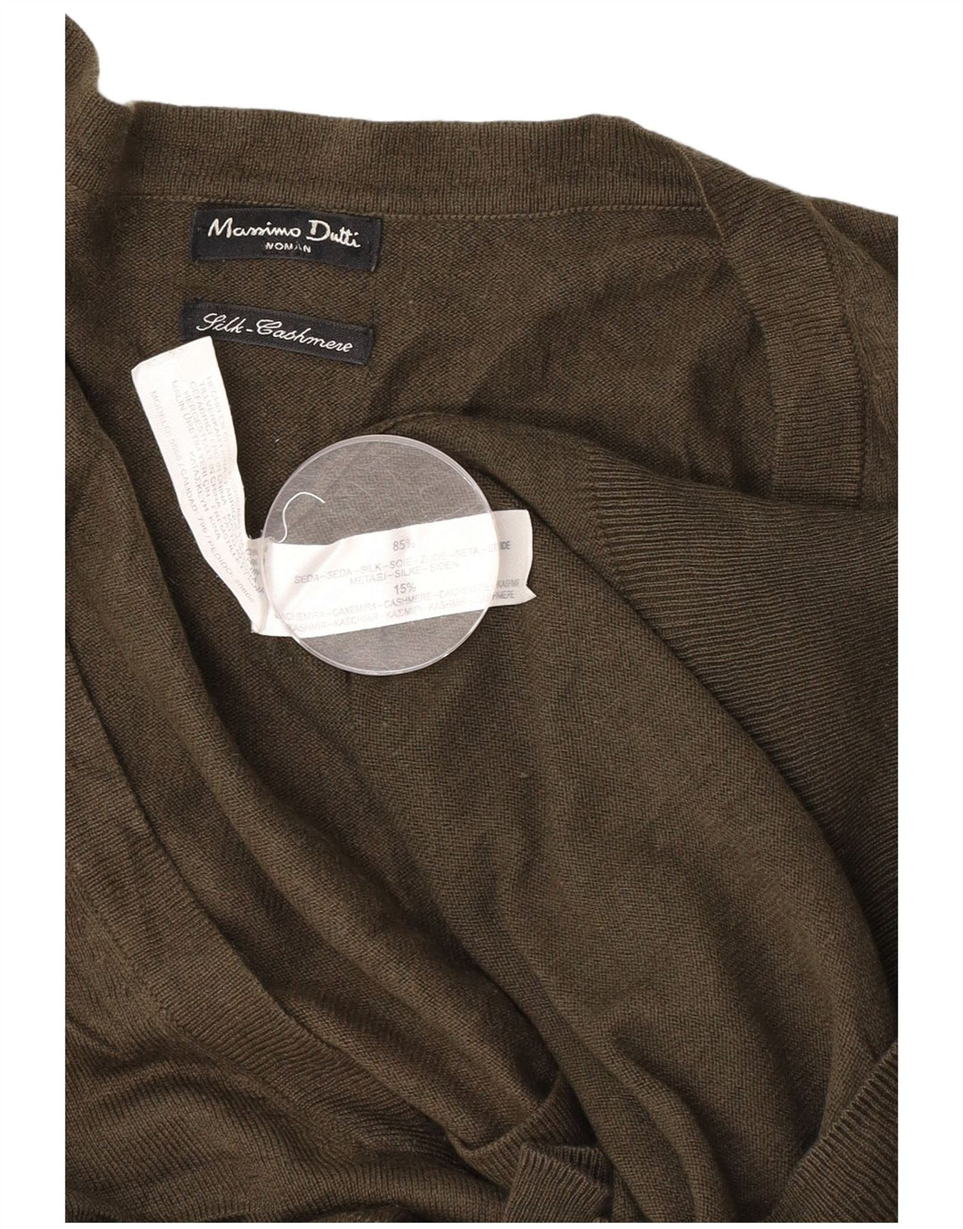 Sweter damski Massimo Dutti z dekoltem w kształcie litery V, UK 14, średni khaki, jedwab