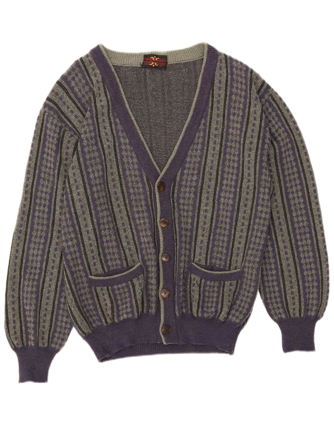 Vintage męski sweter kardigan IT 50 wełniany w średnie fioletowe paski