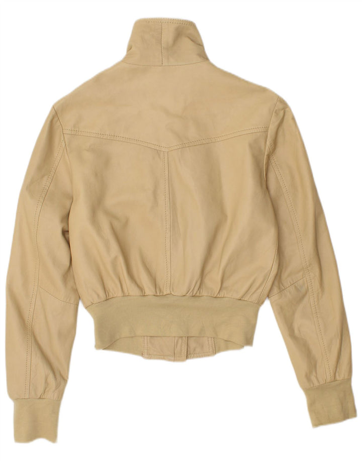 Vintage damska krótka kurtka bomber UK 14, duża, beżowa skóra