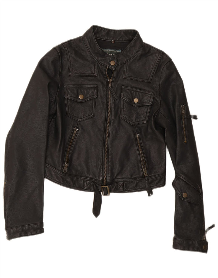 Damska skórzana kurtka motocyklowa w stylu vintage UK 12, średnia czarna