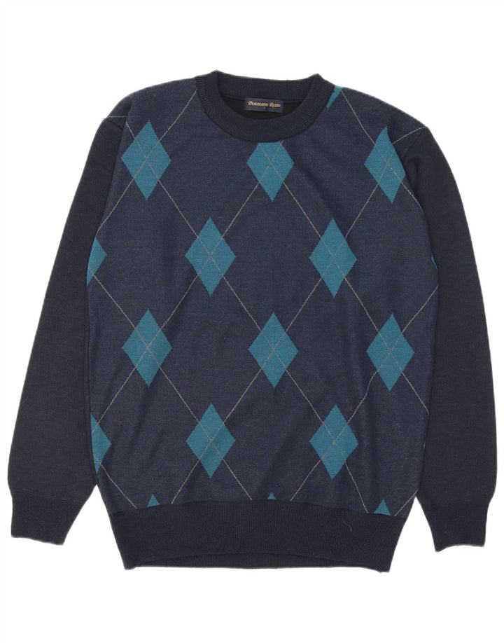 Vintage męski sweter z okrągłym dekoltem, duży granatowy, argyle/diamentowa wełna