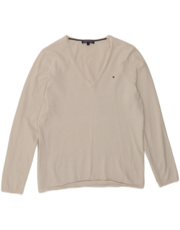 Sweter damski Tommy Hilfiger z dekoltem w kształcie litery V, UK 14, średni biały