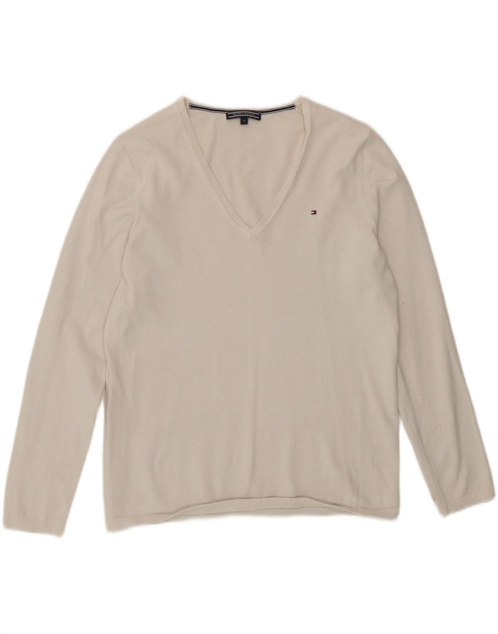 Sweter damski Tommy Hilfiger z dekoltem w kształcie litery V, UK 14, średni biały