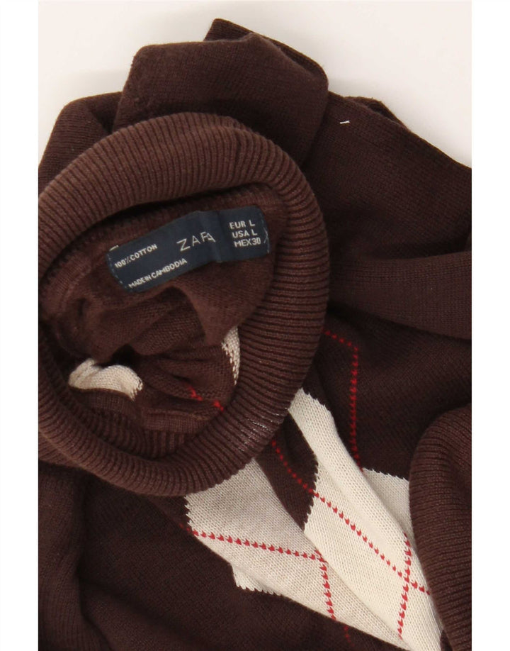 Damski sweter z golfem Zara UK 14 Duży brązowy Argyle/Diament