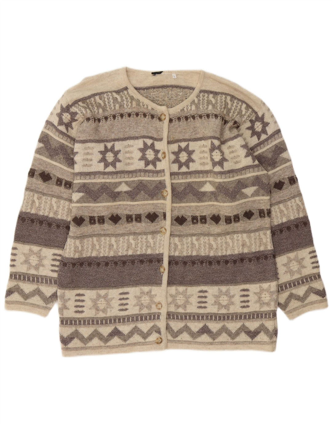 Sweter damski w stylu vintage, rozpinany, UK 16, duży, beżowy, Fair Isle