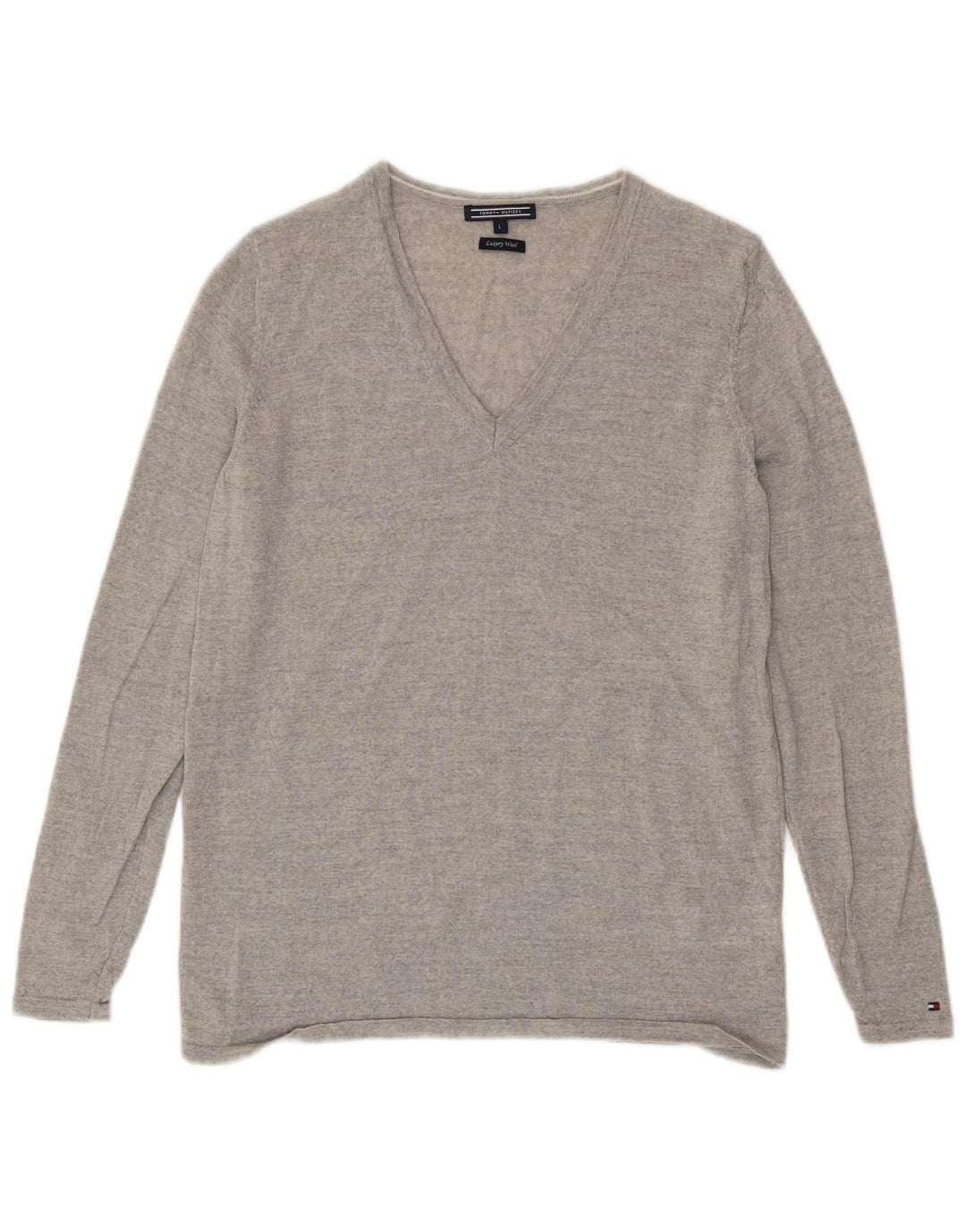 Sweter damski Tommy Hilfiger z dekoltem w kształcie litery V, UK 14, duży, szary, wełniany