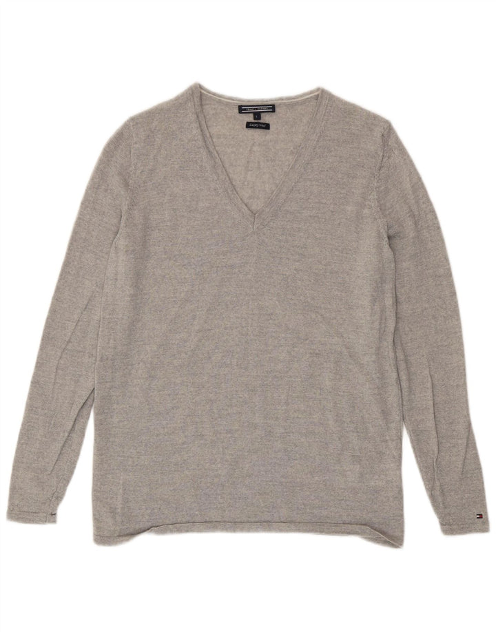 Sweter damski Tommy Hilfiger z dekoltem w kształcie litery V, UK 14, duży, szary, wełniany