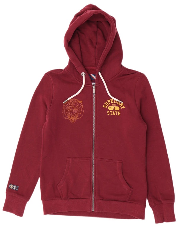Damski sweter z kapturem Superdry z grafiką i zamkiem błyskawicznym, UK 10, mały, bordowy, bawełniany