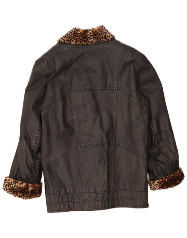 VINTAGE damski płaszcz skórzany oversize UK 10 z małym czarnym nadrukiem zwierzęcym