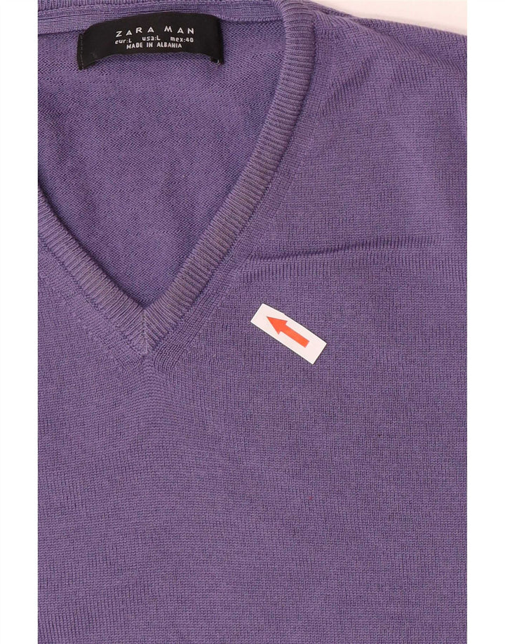 Męski sweter Zara z dekoltem w kształcie litery V, duży, fioletowy, wełniany