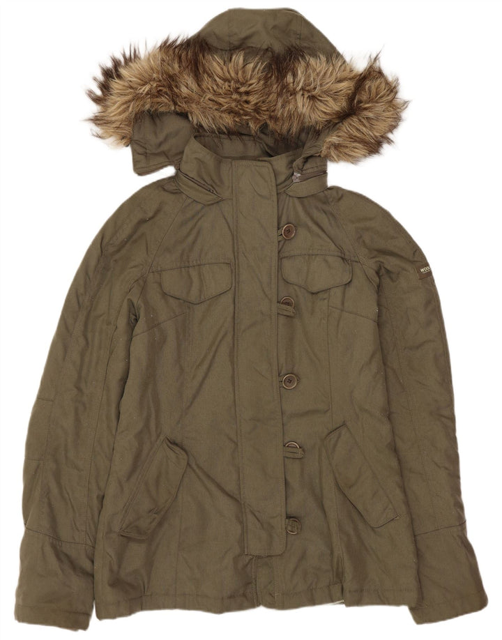 Damska kurtka parka z kapturem Woolrich UK 10, mała nylonowa khaki
