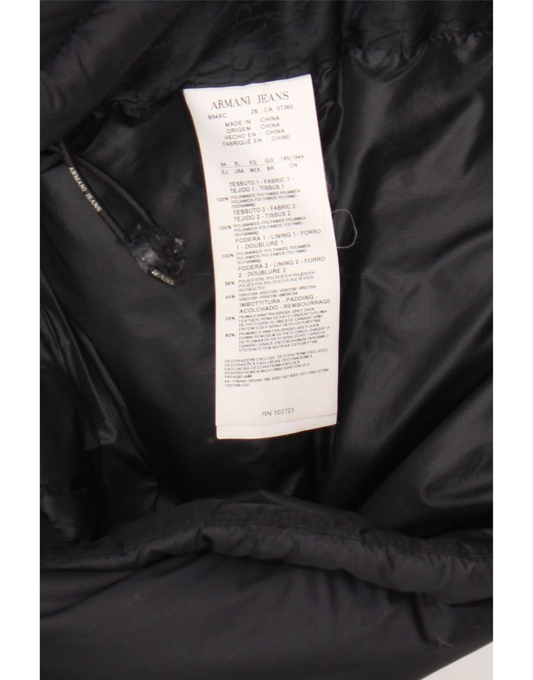 Męska ocieplana kurtka z kapturem Armani Jeans EU 54 XL, czarny poliamid