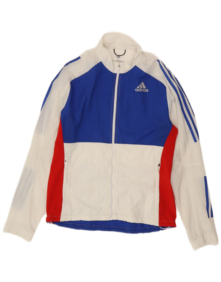 Męska kurtka dresowa Adidas do biegania, średnia biała, nylonowa w blokach kolorystycznych