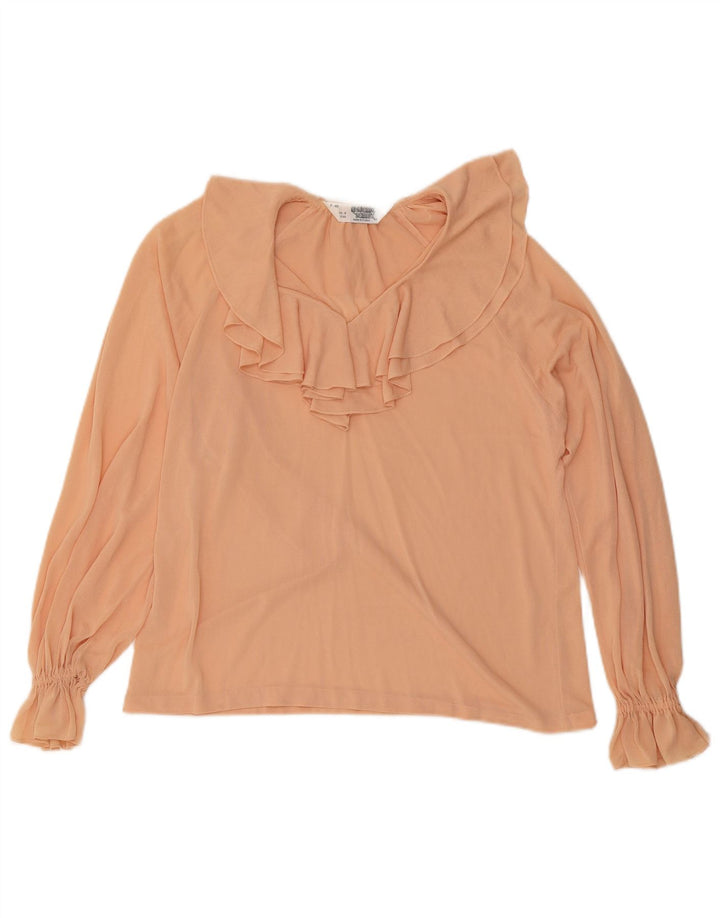 Vintage damska bluzka z długim rękawem i falbaną z przodu, EU 40, średni róż