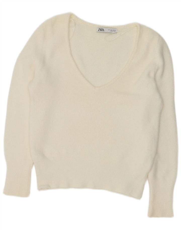 Sweter damski Zara z dekoltem w kształcie litery V, UK 16, duży, biały
