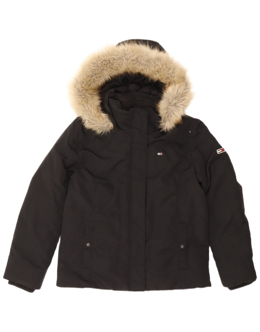 Damska ocieplana kurtka z kapturem Tommy Hilfiger UK 16, duża, czarna, poliamidowa
