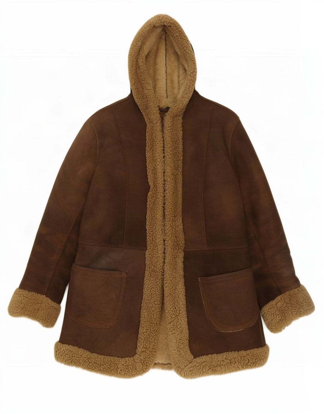 Vintage damska kurtka Shearling z kapturem UK 10, mała brązowa skóra