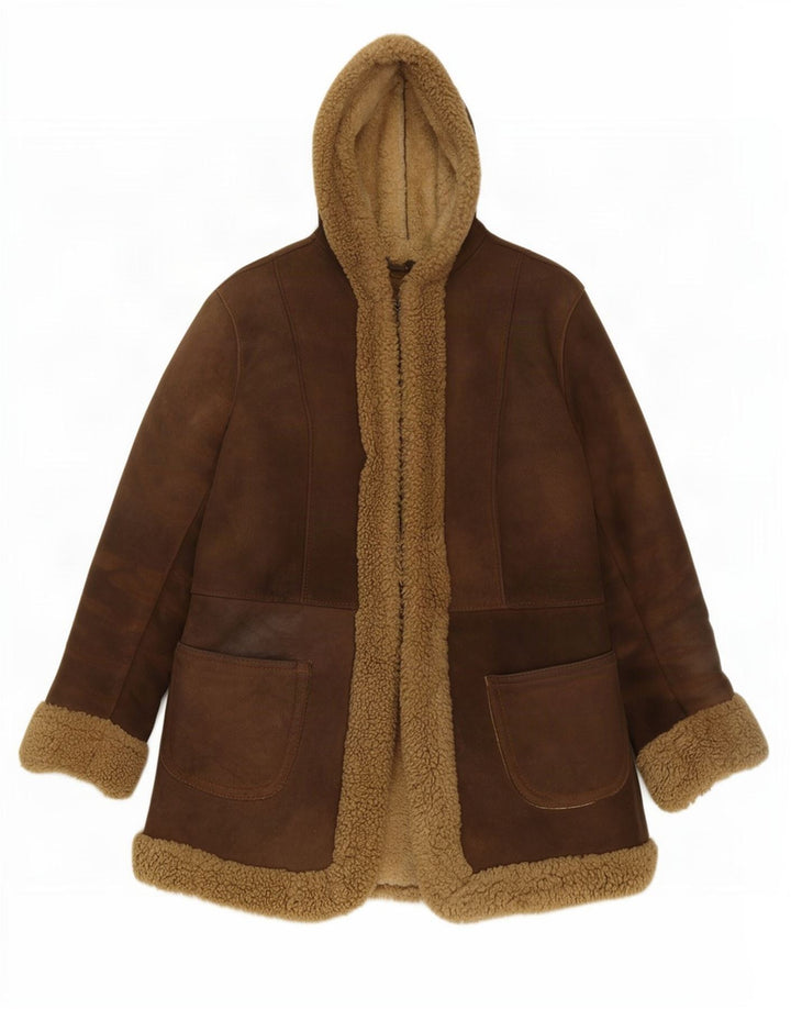 Vintage damska kurtka Shearling z kapturem UK 10, mała brązowa skóra