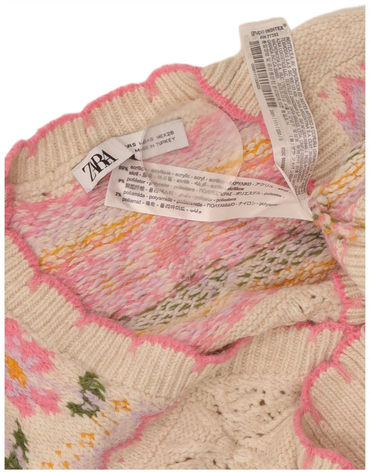 Damski sweter o luźnym kroju ZARA Crop Cardigan UK 10, mały, różowy, kwiatowy