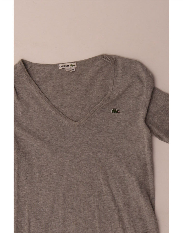Lacoste Damski sweter z dekoltem w kształcie litery V, rozmiar 36, mały, szary, z bawełny w plamki