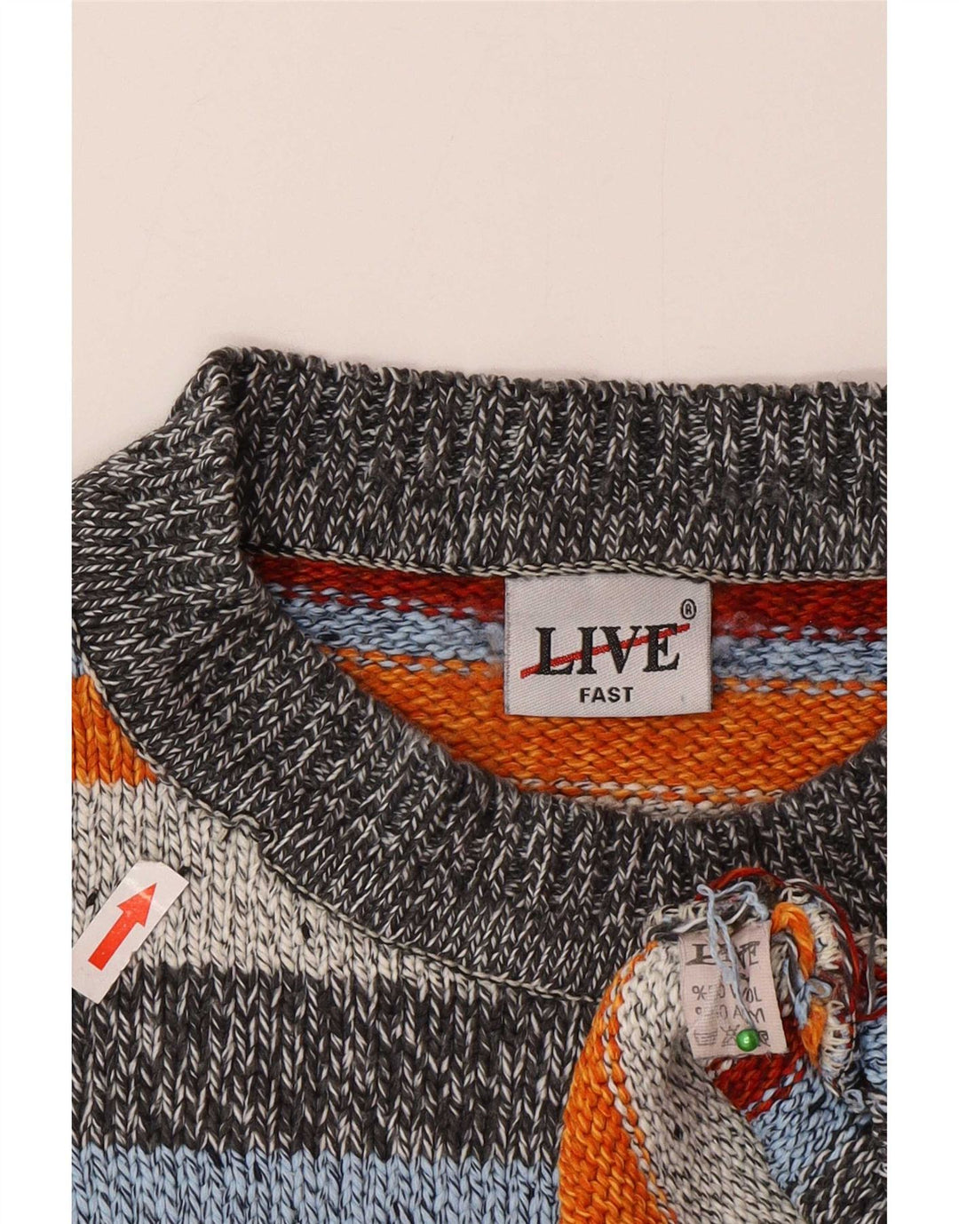 Vintage męski sweter z okrągłym dekoltem, duży, wielobarwny wełniany pasek
