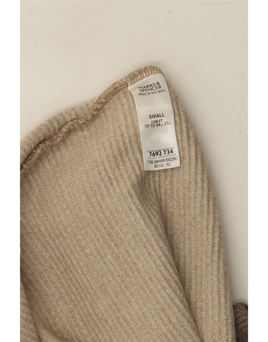 Marks & Spencer Męski sweter z dekoltem w kształcie litery V, mały, beżowy, akrylowy z blokami kolorów