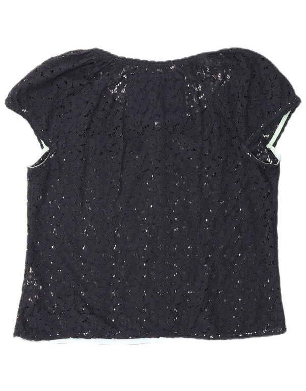 Superdry Womens See Through Lace Blouse Top UK 16 Large Navy Blue Cotton