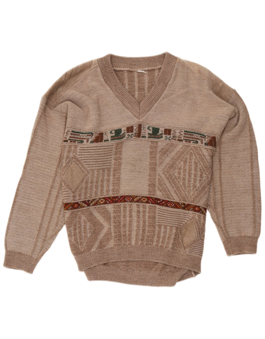 Męski sweter VINTAGE z dekoltem w kształcie litery V, średniobrązowy, geometryczny