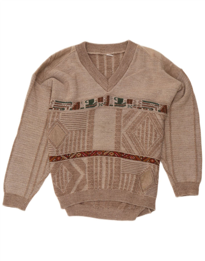 Męski sweter VINTAGE z dekoltem w kształcie litery V, średniobrązowy, geometryczny